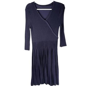 Ming Wang Navy Blue Pleated Knit Faux Wrap Long Sleeve Midi Dress Size Large NWT